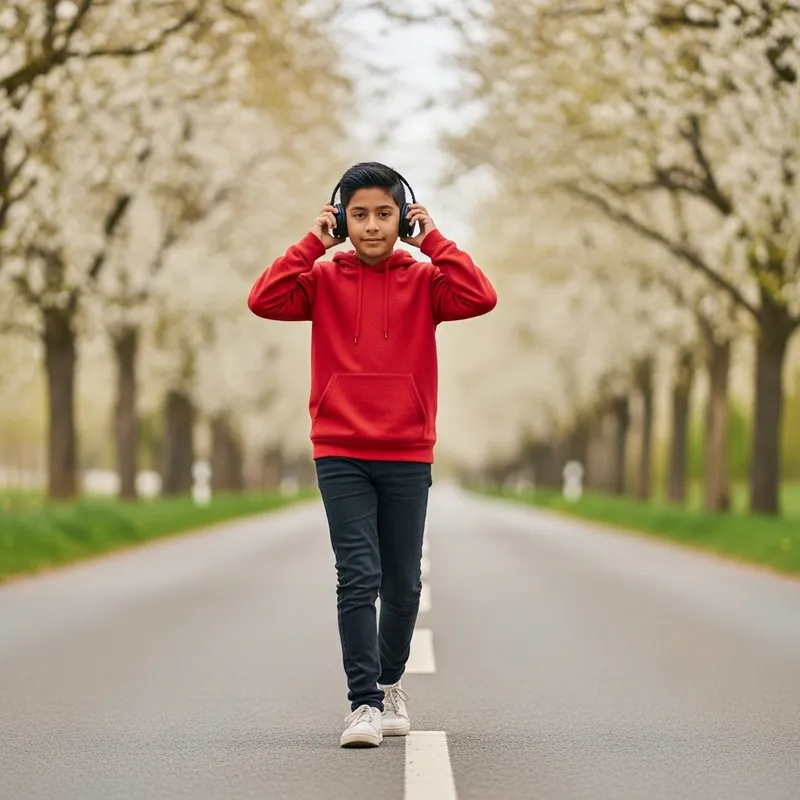 Spring Landscape: Young Boy Walking with Headphones