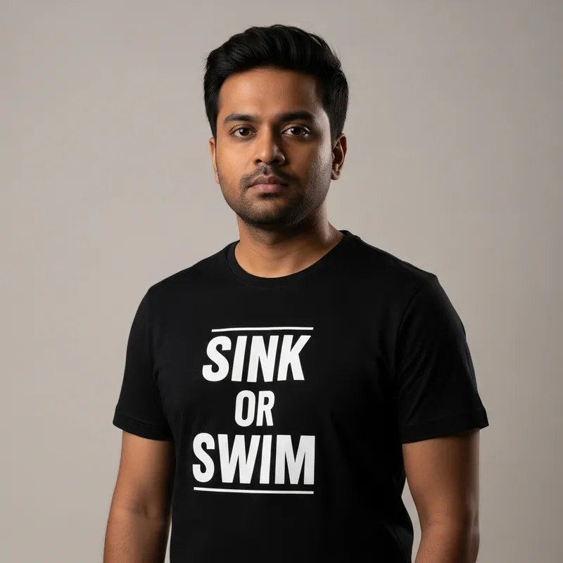 Contemplative South Asian Man | 'Sink or Swim' Black Tee