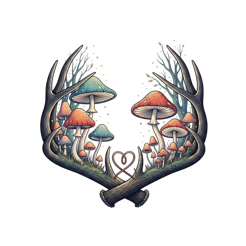 Enchanting Deer Antlers with Whimsical Mushrooms