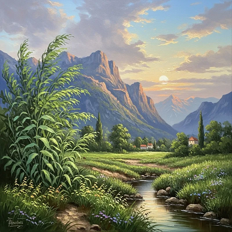 French Landscape Painting with Stunning Mountain View