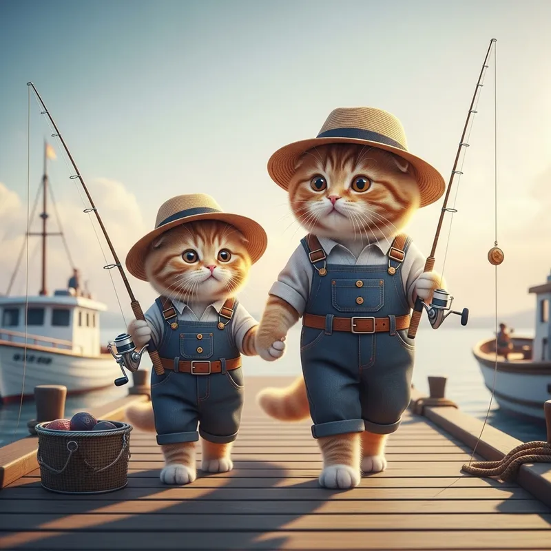 Ginger Cat and Kitten Fishing by the Dock