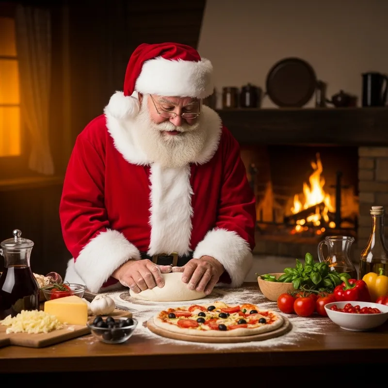 Father Christmas Making Pizza in Rustic Kitchen