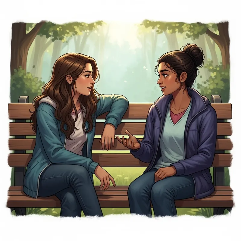Girls Chatting on Bench: Warm Friendship in Outdoors
