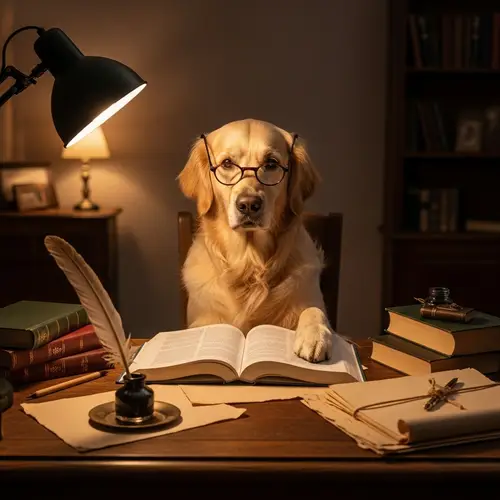 Smart Dog Studying - Educational Scene with Books and Stationery