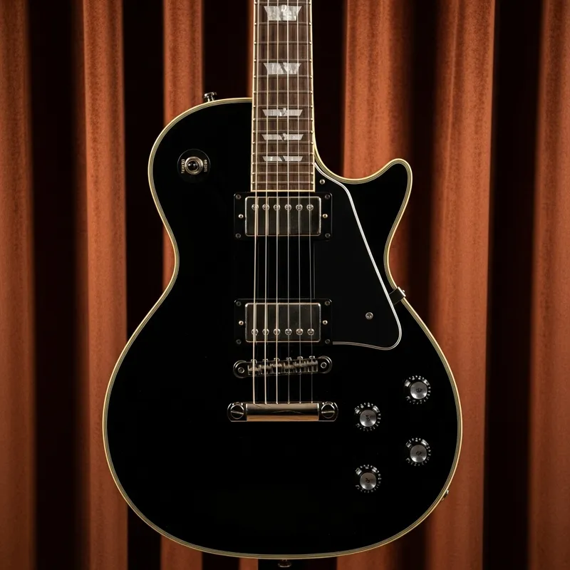 Vintage Electric Guitar with Ebony Finish | Rich Velvet Curtains