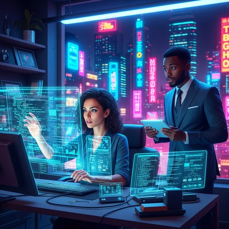 Cyberpunk Computer Expert in Bright Neon Scene | Tech Business Support