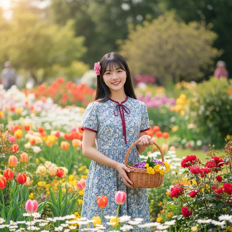 Blooming Garden Beauty: East Asian Girl Amid Colorful Flowers
