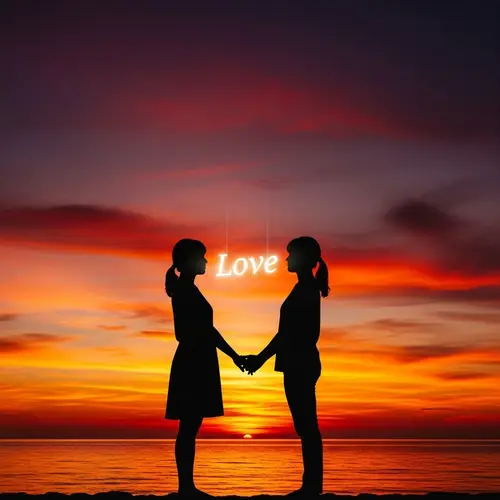 Romantic Sunset Scene with Glowing Love Word in the Air