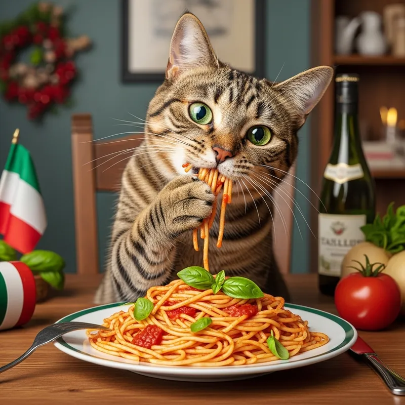 Adorable Cat Indulging in Spaghetti - Delightful Scene