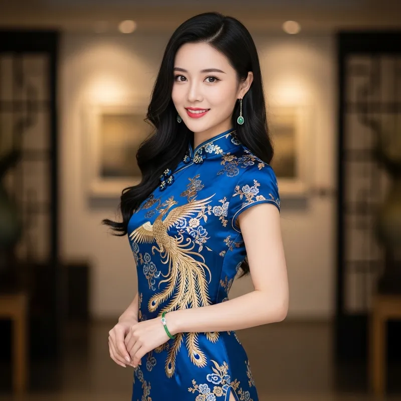 Charming Long-Haired Chinese Girl in Elegant Dress