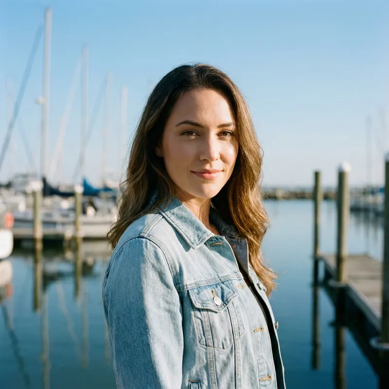 Model in Light Blue Denim Jacket at Marina