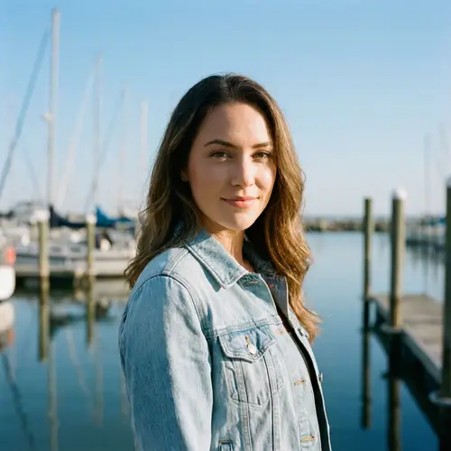 Model in Light Blue Denim Jacket at Marina