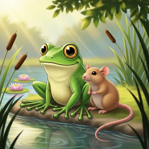 Green Frog and Tan Rat Illustration | Friendly Scene Near Pond