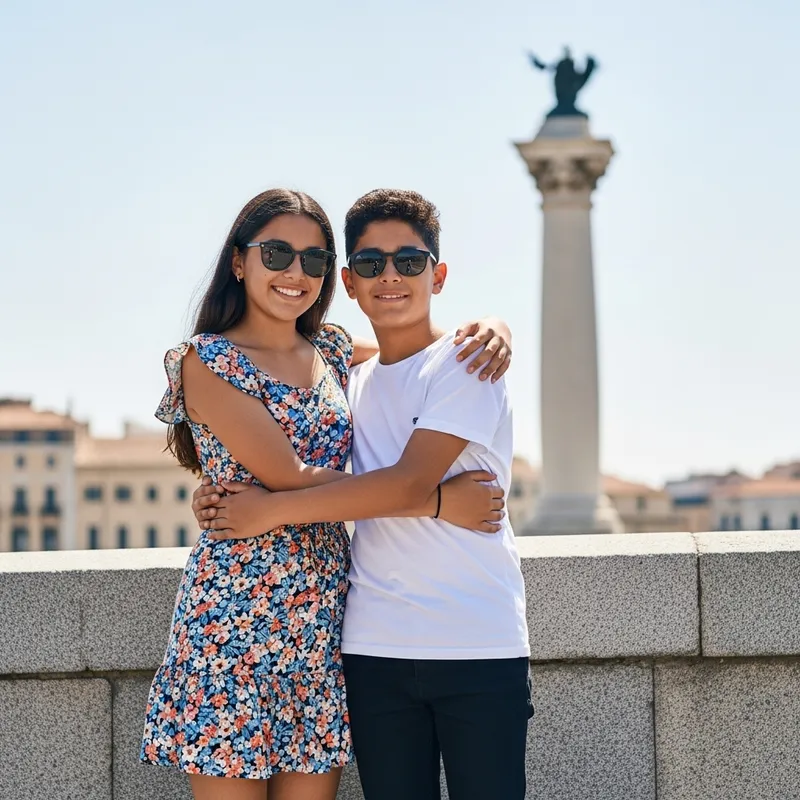 Young Couple Embracing on Bridge with Pillar in Background