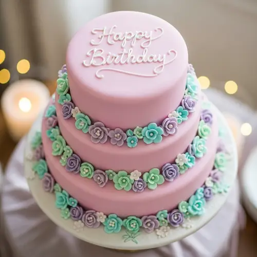 Elegant Birthday Cake with Lustrous Icing and Sugar Flowers