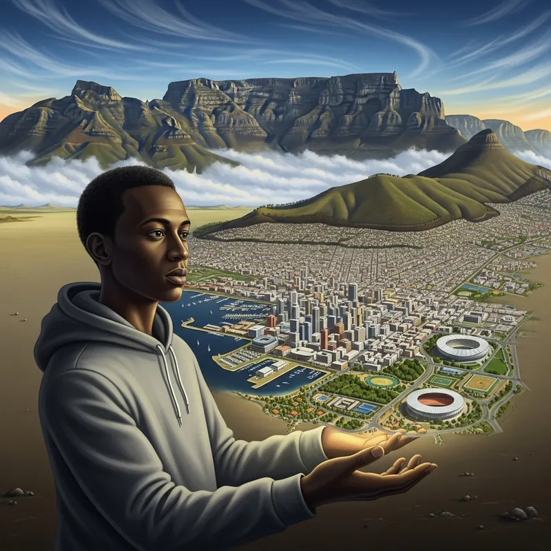 Surrealist Illustration of Black African Male Holding Cape Town with Table Mountain