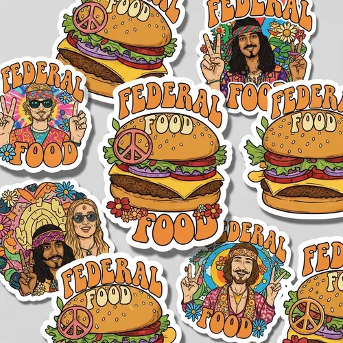 Golden-Yellow Themed Hamburger Stickers with Hippie People | Federal Food