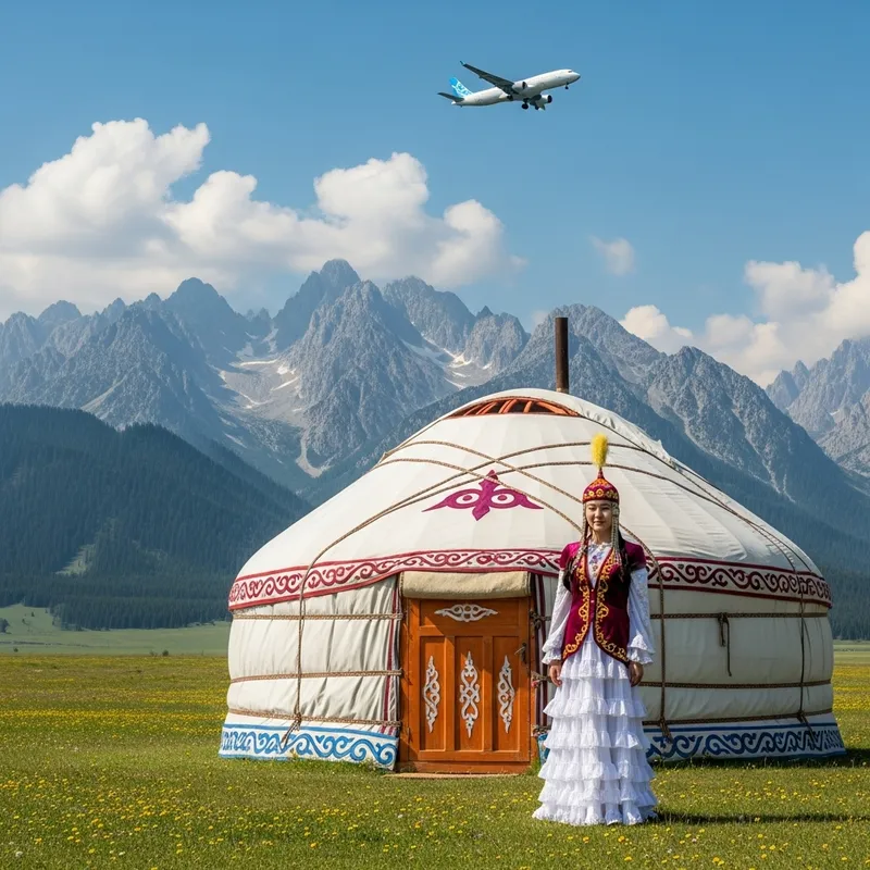 Kazakh Girl in Yurt with Scenic Mountain View
