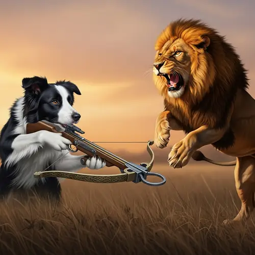 Surreal Wildlife Art: Brave Border Collie vs. Golden Lion