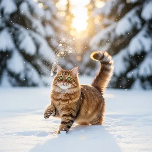 Beautiful Orange and Brown Cat Playing in Snowy Forest