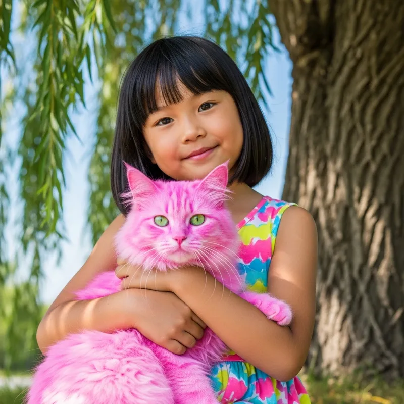 Pretty Girl with Pink Cat | Colorful Summer Scene
