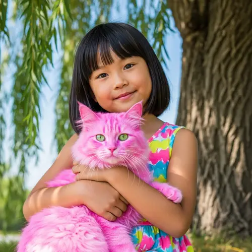 Asian Girl with Fluffy Pink Cat | Colorful Summer Scene