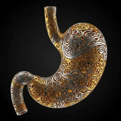 Detailed Golden and Silver Stomach Art on Black Background