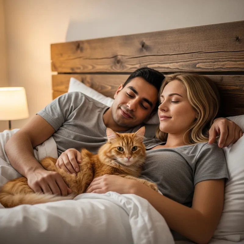 Restful Cozy Scene: Couple in Bed with Orange Cat