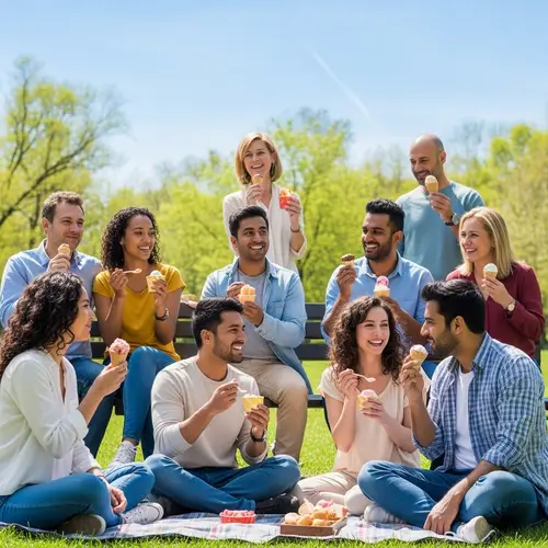 Diverse Group Enjoying Ice Cream in a Vibrant Park | IdealPark.com