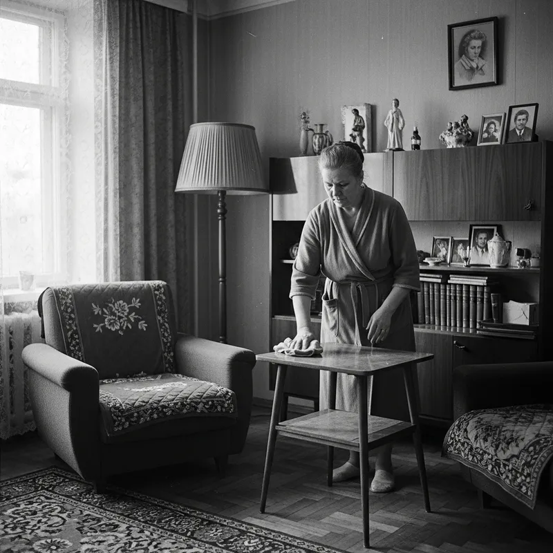 1978 Vintage Photo: Soviet Housewife Cleaning Moscow Apartment 1978 Vintage Photo: Soviet Housewife Cleaning Moscow Apartment