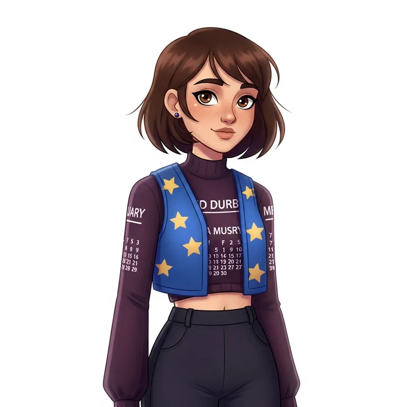 Cartoon Girl with Brown Hair in Blue Star Vest and Purple Longsleeve