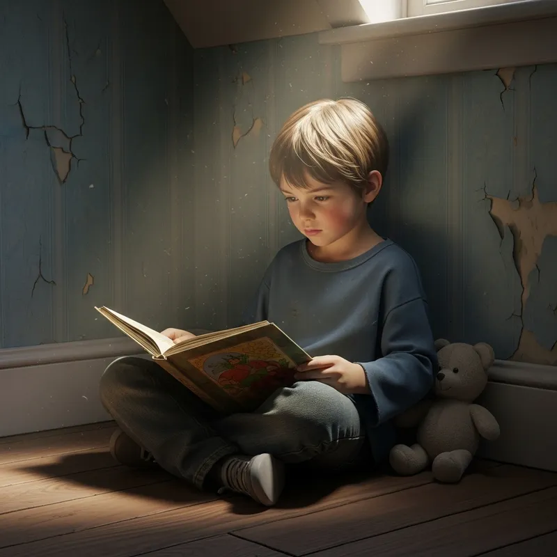 Realistic Image of Young Boy Sitting in House Corner | 1254x836 pixels