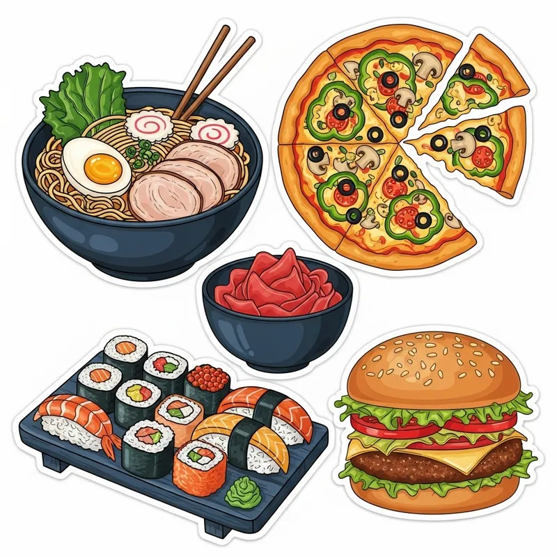 Delicious Food Stickers with Steaming Ramen, Cheesy Pizza & Sushi | Food-themed Designs