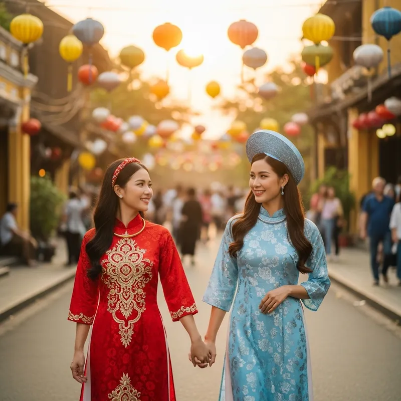 Traditional Vietnamese Women Holding Hands
