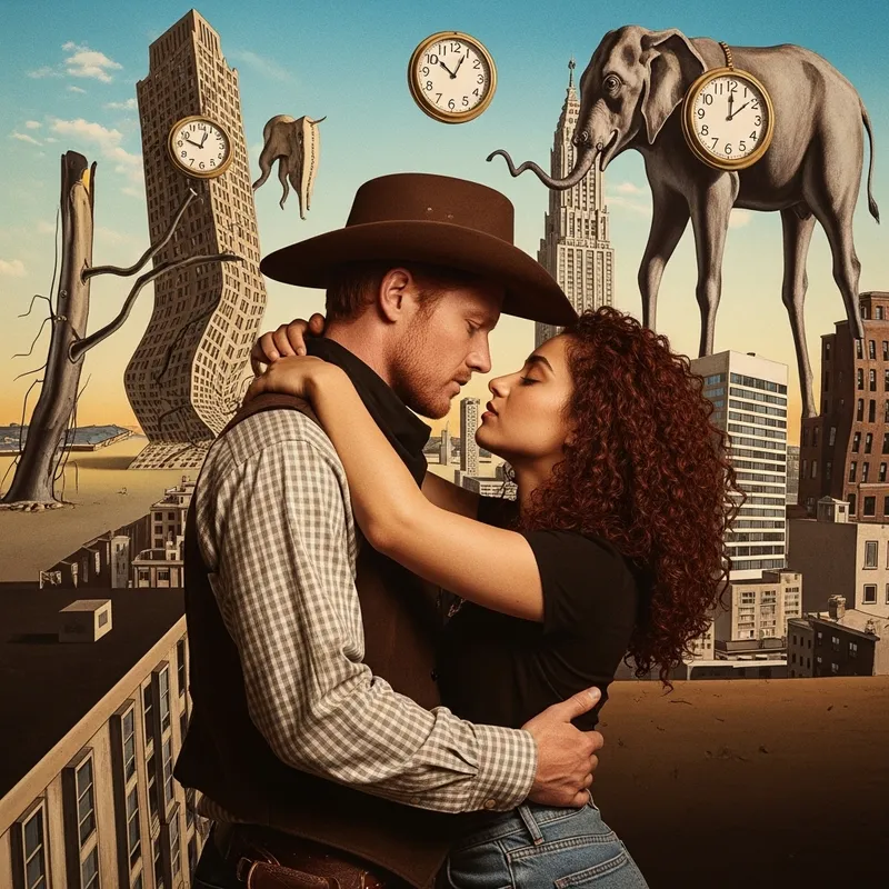 Rugged Cowboy & Auburn Beauty Surreal Romance in Cityscape Rugged Cowboy & Auburn Beauty Surreal Romance in Cityscape