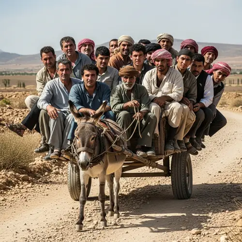 Slender Donkey Pulling Compactly Loaded Cart on Rugged Road