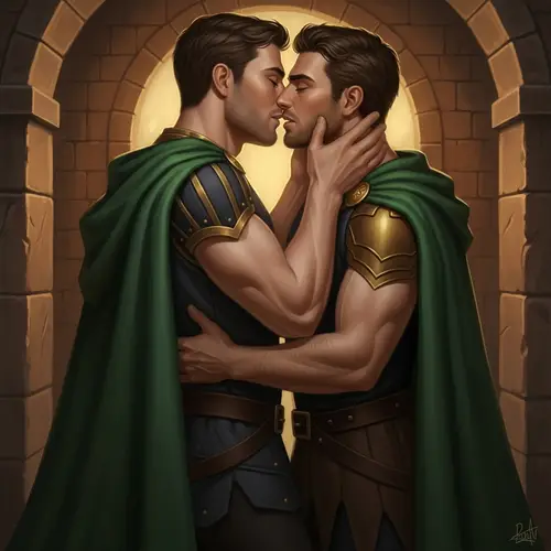 Passionate Embrace of Two White Princes in Green Capes
