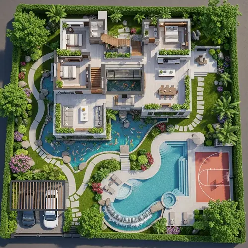 Modern 300 sqm House Plan with Garden, Pool, Basketball Court & Parking