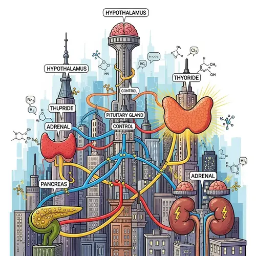 Vibrant Endocrine System Cityscape: Glands & Hormone Pathways