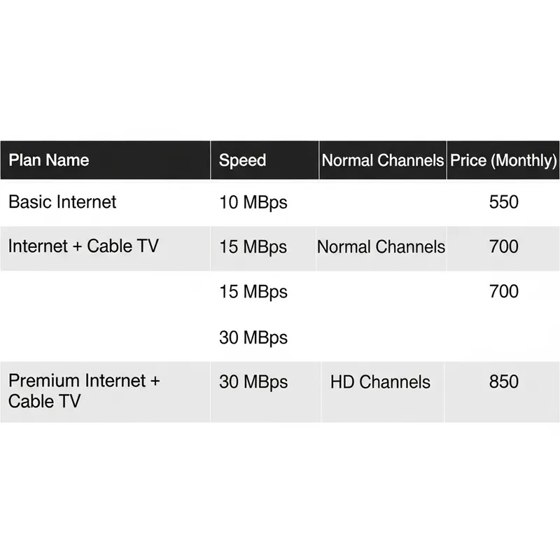 Monthly Internet & Cable TV Plans: 10-30 MBps Speed with Normal & HD channels