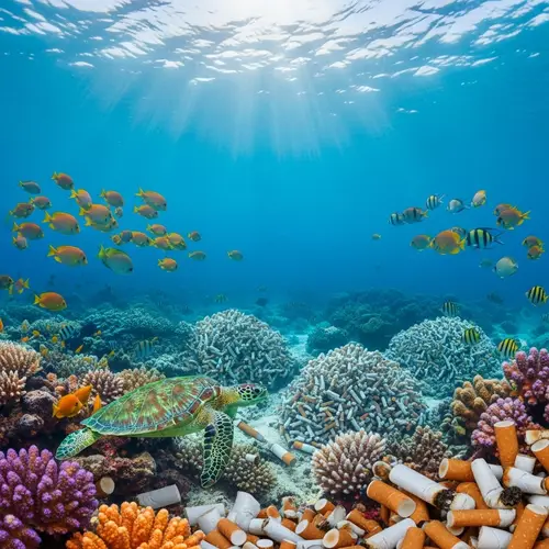 Impact of Cigarette Ends on Sea Life: Underwater Scene