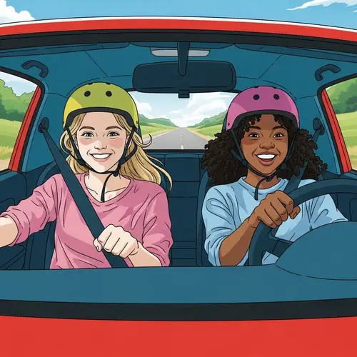Exciting Ride in Red Car: Diverse Girls, Colorful Helmets