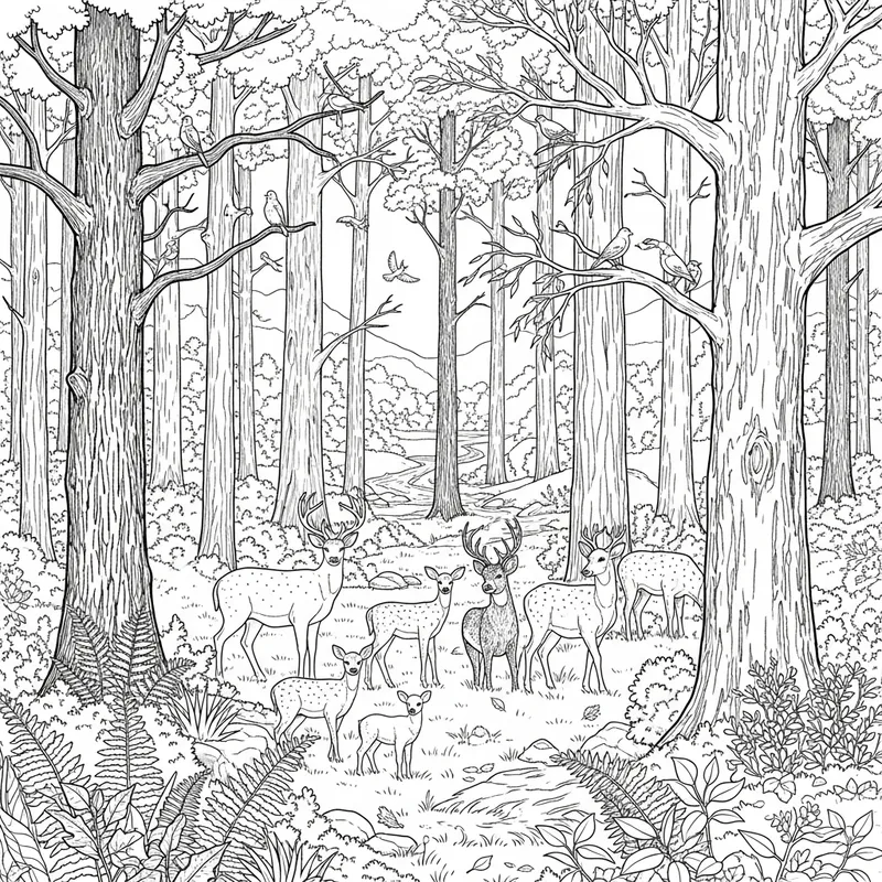 Forest Wood Burning Sketch | Towering Trees, Deer & Stream