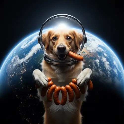 Dog Flying in Outer Space Munching on Sausages