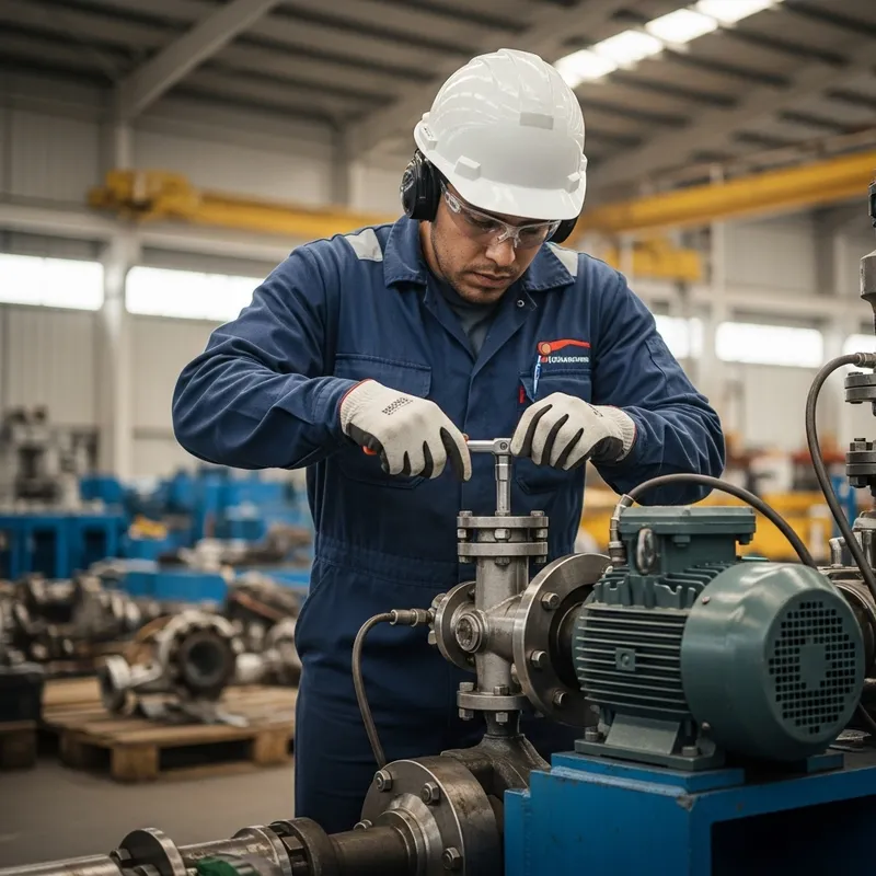 Latino Male Mechanic Fixing Pump System in Industrial Setting