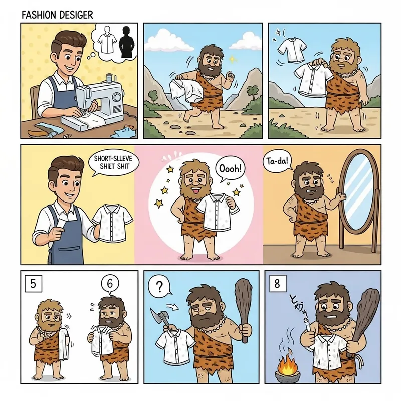 Comic Strip: Caveman's Fashion Journey with Designer Comic Strip: Caveman's Fashion Journey with Designer