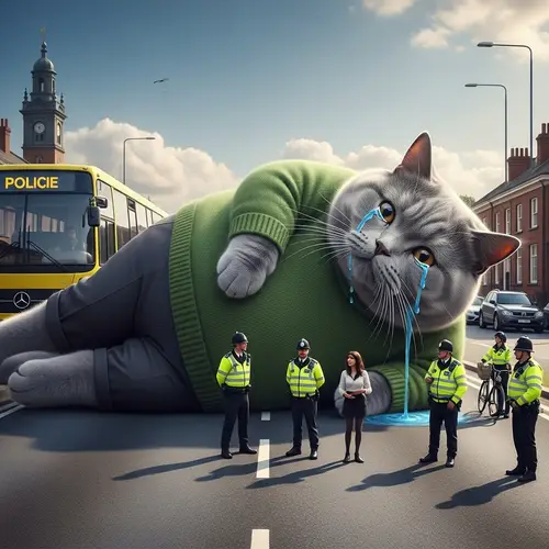 Realistic British Cat in Green Sweater Crying on Road with Police Officers