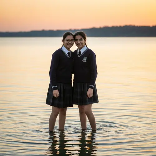 School Girls in Diverse Uniforms Amidst Water