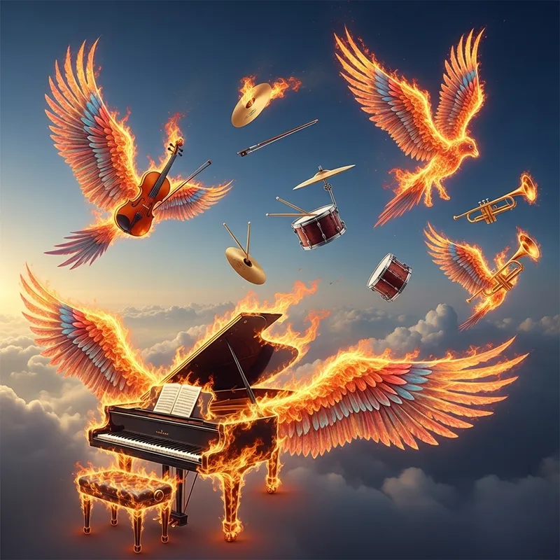 Flaming Musical Instruments with Wings Soaring in the Sky