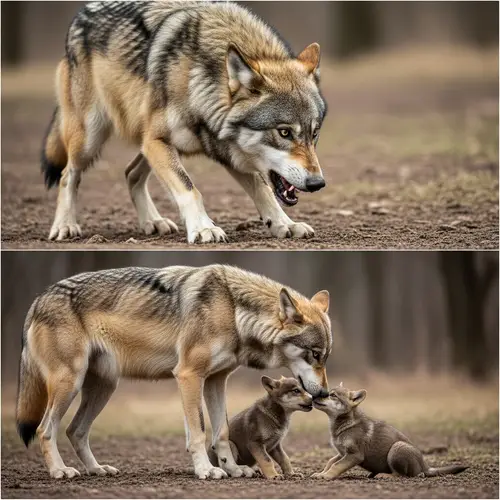 Aggressive Wolf and Female Wolf Guarding Cubs